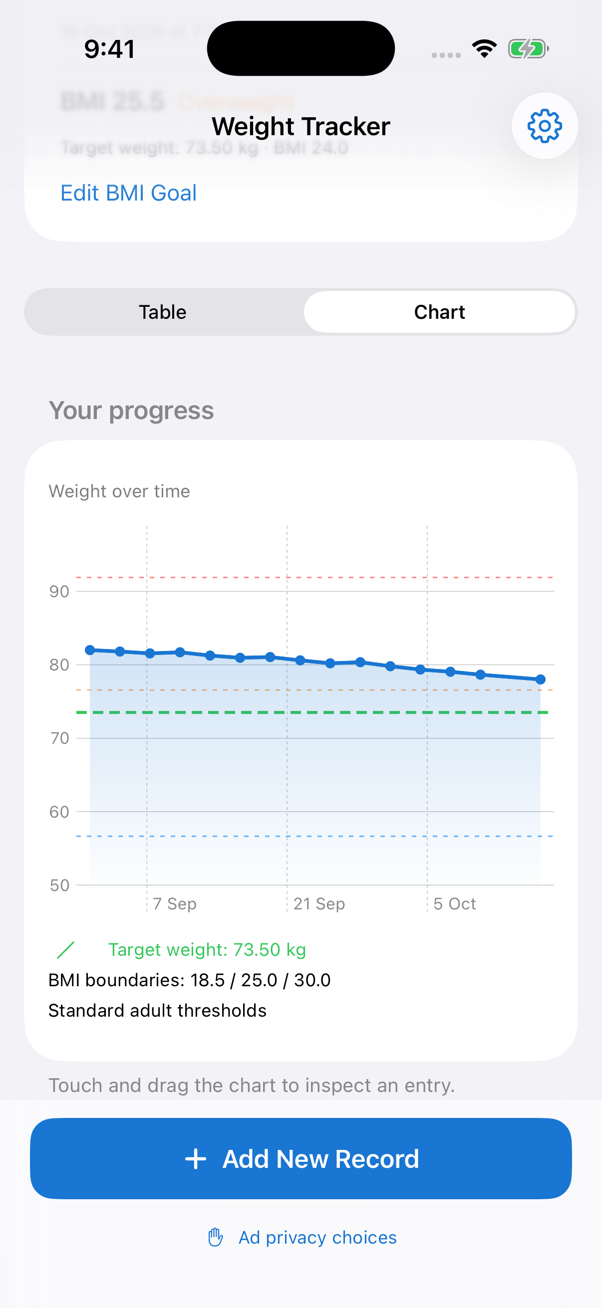 iOS app preview with a weight trend chart, a target line and an Add New Record button. All entries are sample data.